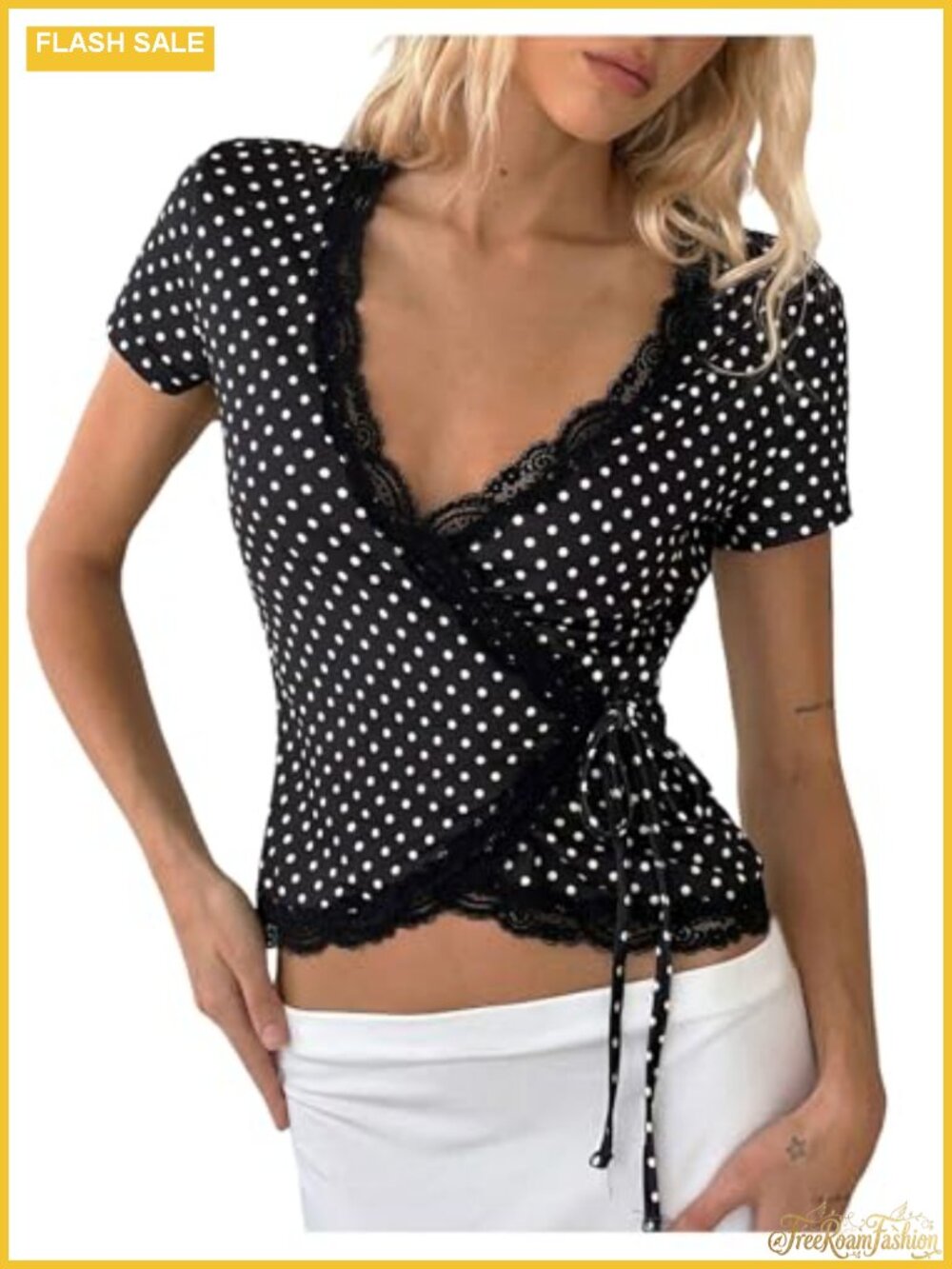 Verdusa Lace Polka Dots Wrap V Neck Top Short Sleeve Slim Fit Y2K Going Out Top